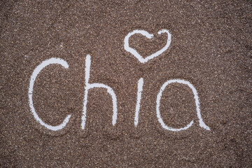 The inscription on healthy chia seeds - chia inscription on a white background