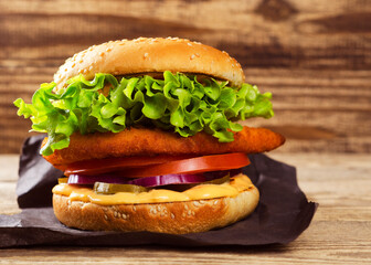 appetizing burger on a wooden background 33