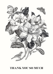 Magnolia. Spring here. Vector vintage botanical illustration. Thank you. Black and white