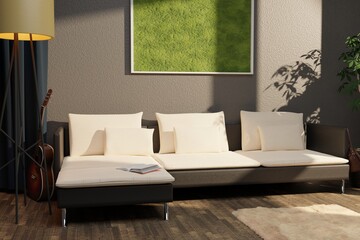 Modern eco-style interior with a vertical poster, backlit moss and wooden floor. Front view. 3d rendering