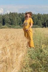 Beautiful young pregnant girl in a wheat field