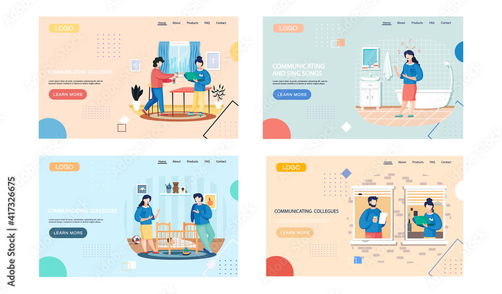 Poster set of illustrations about people communicate and spend time at home. work from home website concept