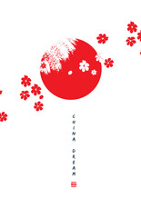 China-Poster-Vorlage. Sonne, Kirschblüten und Farbflecken. Minimales chinesisches Design. Traum von Asien © feaspb