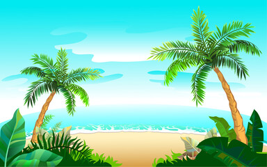 Fototapeta na wymiar Two palm tree and sandy beach on blue sea. Paradise vacation on tropical island