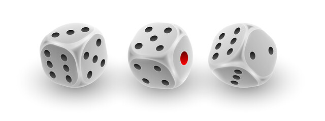 Set of 3d silver, white dice from three different sides on white background. Concept for casino, gamble design. Vector illustration for card, party, flyer, poster, decor, banner, web, advertising.
