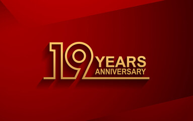 19 years anniversary line style design golden color with elegance red background for celebration - obrazy, fototapety, plakaty