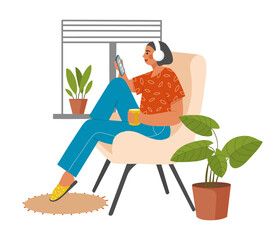 Young woman sitting in a comfortable chair with headphones and smartphone at home. Concept of online education, audiobook, podcast or music. Flat vector illustration.