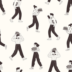 Seamless pattern with young people reading books. Book lovers, fans of literature. Concept of Book Week or World Book Day. Flat vector illustration isolated on white background.