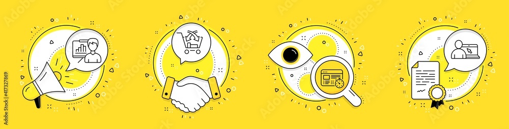 Poster presentation board, cross sell and web timer line icons set. megaphone, licence and deal vector icon