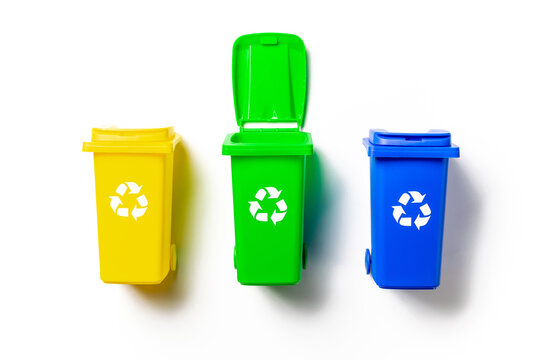 Precycling. Bin container for disposal garbage waste and save environment. Yellow, green, blue dustbin for recycle plastic, paper and glass can trash isolated on white background.
