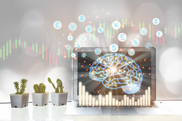 Artificial intelligence and financial technology transformation concept. Brain modern machine learning on computer with growth graph and currency symbol background