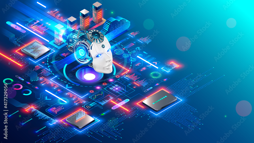 Aufkleber AI. Artificial intelligence technology isometric concept. Cybernetic brain communication with network and analyze data. Machine learning of AI. Robot or cyborg head images mind artificial intelligence