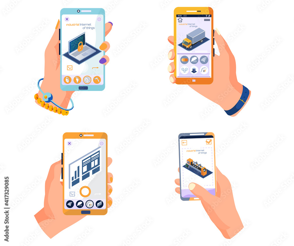 Poster human hand holding smartphone with app about modern technologies attributes of technological progres