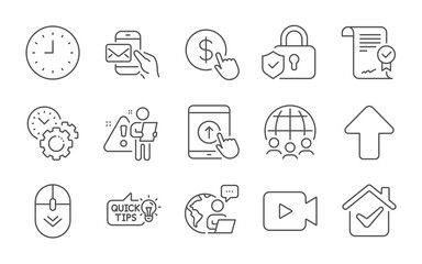 Swipe up, Approved agreement and Security lock line icons set. Upload, Global business and Buy currency signs. Education idea, Messenger mail and Video camera symbols. Line icons set. Vector