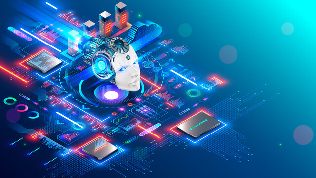 AI. Artificial intelligence technology isometric concept. Cybernetic brain communication with network and analyze data. Machine learning of AI. Robot or cyborg head images mind artificial intelligence