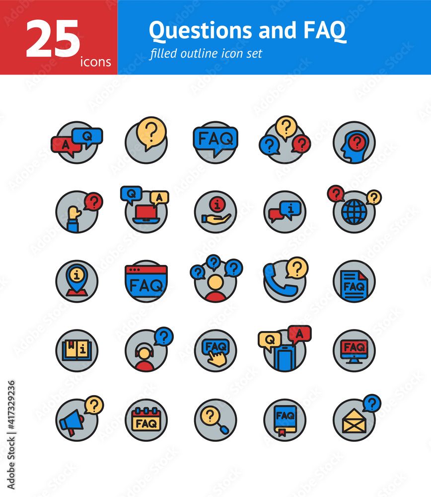 Aufkleber questions and faq filled outline icon set. vector and illustration.
