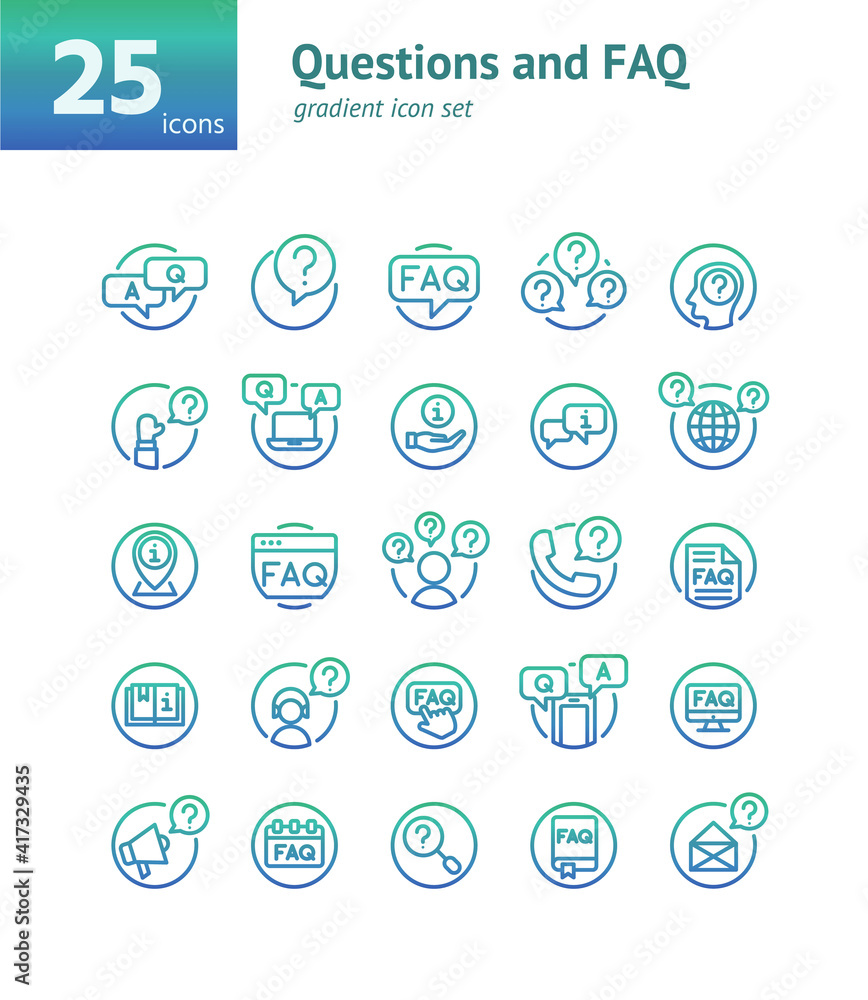 Poster questions and faq gradient icon set. vector and illustration.