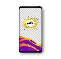 Boom sale sticker. Phone mockup vector banner. Discount banner shape. Coupon bubble icon. Social story post template. Boom sale badge. Cell phone frame. Liquid modern background. Vector