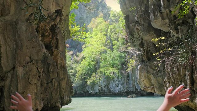 Adventure traveler young woman enjoy view beautiful destination island Phang-Nga bay, Famous landmark travel place Phuket Thailand, Tourism natural scenic landscape Asia.