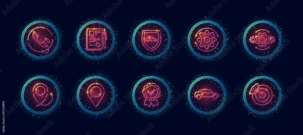 Poster 10 in 1 vector icons set related to car insurance theme. lineart vector icons in geometric neon glow