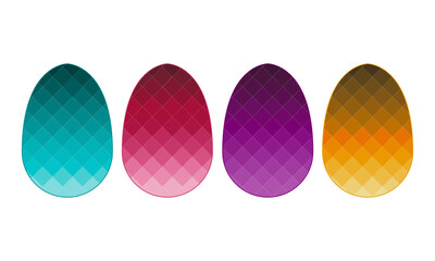 A set of glamour and colorful eggs for decorating in Easter Day. They’re blue, red, purple and yellow. 