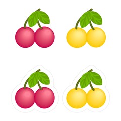 Die-cut sticker template with red and yellow cherry or sweet cherry fruit clipart. Simple cartoon vector icon of delicious sweet berry isolated on white background