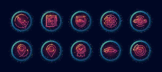 10 in 1 vector icons set related to car insurance theme. Lineart vector icons in geometric neon glow style with particles isolated on background.