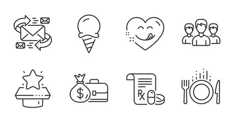 Group, Medical prescription and Salary line icons set. Food, E-mail and Ice cream signs. Yummy smile, Winner podium symbols. Group of people, Medicine drugs, Diplomat with money bag. Vector