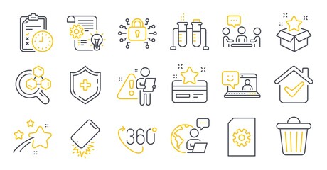 Set of Technology icons, such as Loyalty program, Security lock, Cogwheel symbols. Trash bin, Medical shield, 360 degree signs. Smartphone broken, Loyalty card, File management. Smile. Vector