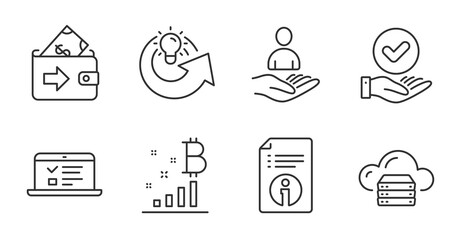 Web lectures, Wallet and Share idea line icons set. Approved checkbox, Bitcoin graph and Recruitment signs. Technical info, Cloud server symbols. Online test, Money payment, Solution. Vector
