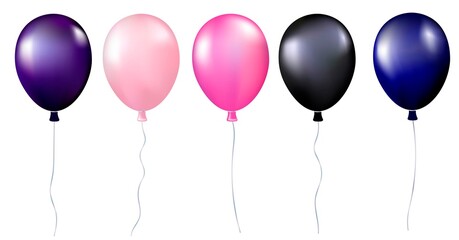 Set of realistic 3d balloons. Decor, decoration for Birthday, holidays, parties, weddings. Vector isolated illustration on white background. Pink, blue, purple element color.
