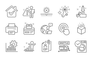 Innovation, Interview documents and Seo graph line icons set. Click, Winner and Shuttle bus signs. Loyalty card, Printer and Augmented reality symbols. No sun, Washing machine and Fireworks. Vector