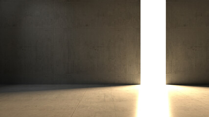 Empty dark abstract industrial cement hangar wall like studio room interior with bright light hole