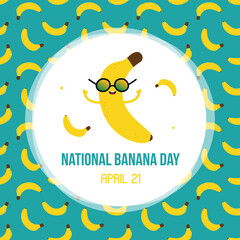 National Banana Day vector card, illustration with cute cartoon banana character in sunglasses.
