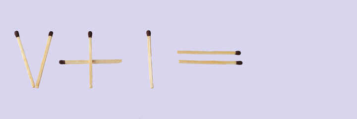 five plus one equals, matches lie in the form of a formula, in roman numerals, education banner concept, light purple background