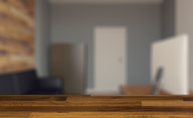 Background with empty table. Flooring. Modern office building interior. 3D rendering.