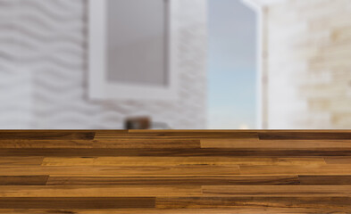 Bathroom interior bathtub. 3D rendering.. Abstract blur phototography. wooden table on blurred background.