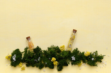 Top view of green grass, flowers and glass tubes of natural beauty ingredients on the yellow surface.Empty space
