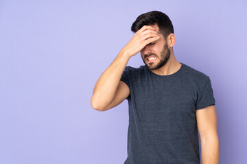 Caucasian handsome man with headache over isolated purple background - obrazy, fototapety, plakaty
