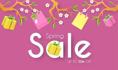Spring Sale poster template. Seasom offer design with blooming branch, gift box and bags. Paper cut poster