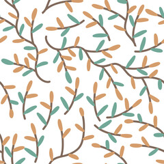 Doodle branch with leaves seamless patterns  isolated on white. Cartoon vector stock illustration. EPS 10