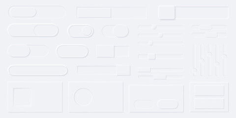 Neumorphism style elements vector set. Modern website or mobile app design. Volume control buttons and knobs. Minimal style neumorphism buttons. Neumorphic UI UX interface.