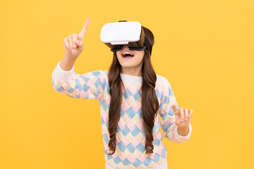 using VR headset. kid play video game. Digital future and innovation. child in virtual goggles