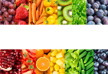 Collage of fruits, vegetables and berries. Fresh food. Healthy food