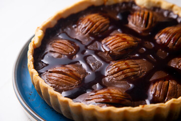 Dark chocolate pear cake with caramel