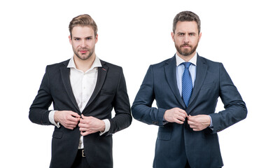 buttoning jacket. businessmen isolated on white. boss and employee. confident business partners.