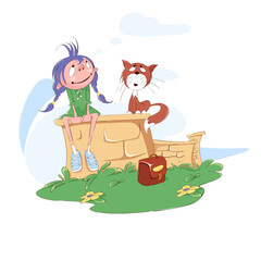 Schoolgirl sitting on the fence with a kitten. Cheerful schoolgirl. Vector illustration.