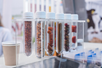 Different kinds of pelleted compound feed, fodder - food for domestic animals at agricultural exhibition, trade show - close up view. Farming, agriculture, husbandry concept