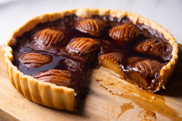 Dark chocolate pear cake with caramel