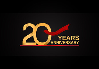 20 years anniversary design with red ribbon and golden color isolated on black background for celebration moment